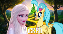 Size: 1408x768 | Tagged: safe, artist:threehorngotham2004, imported from derpibooru, princess skystar, my little pony: the movie, elsa, frozen (movie), idina menzel, kristin chenoweth, poster parody, voice actor joke, wicked (movie), wicked (musical)