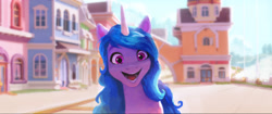 Size: 2946x1235 | Tagged: safe, imported from derpibooru, izzy moonbow, pony, unicorn, concept art, female, g5, hi new friend, horn, looking at you, mare, maretime bay, my little pony: a new generation, official, open mouth, open smile, outdoors, smiling, smiling at you, solo