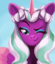 Size: 1146x1312 | Tagged: safe, imported from derpibooru, opaline arcana, alicorn, pony, concept art, female, g5, mare, my little pony: tell your tale, official, one eye closed, solo, the lone alicorn, wink