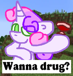 Size: 304x317 | Tagged: safe, artist:rosa ushiromiya, imported from derpibooru, sweetie belle, pony, unicorn, alcohol, digital art, female, foal, horn, implied drugs, looking at you, meme, wine