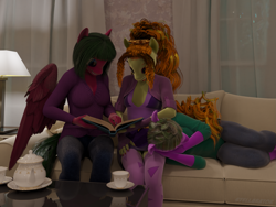 Size: 1913x1435 | Tagged: safe, artist:stellarator, imported from derpibooru, adagio dazzle, oc, oc:peach cobbler, oc:ruby cabernet, anthro, unguligrade anthro, comic:we will be adored, 3d, blender, blender cycles, comic, head in lap, not sfm