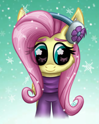 Size: 2000x2500 | Tagged: safe, artist:sunamoonmlp, derpibooru exclusive, imported from derpibooru, fluttershy, pegasus, pony, clothes, cute, female, mare, scarf, smiling, snow, snowflake, solo, winter, winter outfit