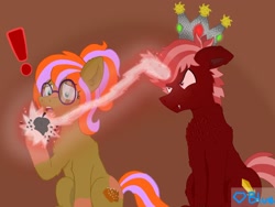 Size: 2160x1620 | Tagged: safe, artist:💎blue, imported from derpibooru, oc, oc only, oc:caramel salt, oc:ominous redblade, earth pony, pony, unicorn, apple, crown, decaying, edgy, exclamation point, eye scar, facial scar, fangs, female, floppy ears, food, furious, gem, gemstones, glasses, horn, jewelry, magic, male, mare, maroon, ponytail, powerful, red coat, red mane, regalia, scar, shocked, shrunken pupils, stallion, two toned eyes, two toned mane, uh oh