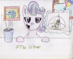 Size: 3134x2543 | Tagged: safe, artist:zenco, imported from derpibooru, derpy hooves, starlight glimmer, trixie, (you), butt, chocolate, colored pencil drawing, drink, empathy cocoa, food, hot chocolate, kite, levitation, magic, meme, plot, ponified meme, sun, telekinesis, the great and powerful ass, traditional art