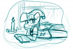 Size: 1289x871 | Tagged: safe, artist:zutcha, imported from derpibooru, twilight sparkle, alicorn, anthro, book, clothes, female, hand on chin, hat, lying down, mare, monochrome, nightcap, pajamas, prone, sketch, smiling, solo, twilight sparkle (alicorn)