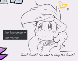 Size: 974x760 | Tagged: safe, artist:morningbullet, imported from derpibooru, oc, oc only, oc:noot, earth pony, pony, boop request, bust, eyebrows, eyebrows visible through hair, female, frown, gray background, mare, simple background, sketch, solo, text