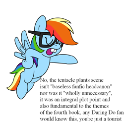 Size: 900x900 | Tagged: safe, artist:unitxxvii, imported from derpibooru, rainbow dash, pegasus, pony, bucktooth, dialogue, female, flying, glasses, hoof on hip, mare, nerd, open mouth, simple background, solo, white background