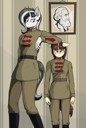 Size: 2500x3700 | Tagged: safe, artist:marusya, imported from derpibooru, oc, oc only, oc:schworz, oc:vega pakhomenko, anthro, unicorn, female, height difference, horn, karl marx, soviet union