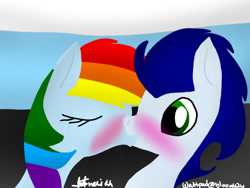 Size: 749x562 | Tagged: safe, artist:soarindash2, imported from derpibooru, rainbow dash, soarin', pegasus, pony, female, kiss on the lips, kissing, male, mare, shipping, soarindash, stallion, straight