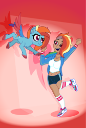 Size: 1412x2100 | Tagged: safe, artist:prixy05, imported from derpibooru, rainbow dash, human, pegasus, pony, clothes, duo, duo female, female, gradient background, human ponidox, humanized, self paradox, self ponidox