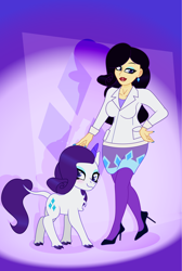 Size: 1412x2100 | Tagged: safe, artist:prixy05, imported from derpibooru, rarity, human, pony, unicorn, clothes, duo, duo female, female, gradient background, high heels, horn, human ponidox, humanized, leonine tail, light skin, self paradox, self ponidox, shoes, tail