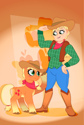 Size: 1412x2100 | Tagged: safe, artist:prixy05, imported from derpibooru, applejack, earth pony, human, pony, applejack's hat, bandana, clothes, cowboy hat, duo, duo female, female, gradient background, hat, human ponidox, humanized, light skin, self paradox, self ponidox