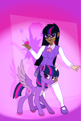 Size: 1412x2100 | Tagged: safe, imported from derpibooru, twilight sparkle, alicorn, human, pony, clothes, duo, glasses, gradient background, human ponidox, humanized, magic, moderate dark skin, self paradox, self ponidox, twilight sparkle (alicorn), vitiligo