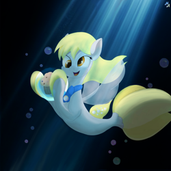 Size: 894x894 | Tagged: safe, artist:maslivka, imported from derpibooru, derpy hooves, pegasus, seapony (g4), bubble, crepuscular rays, cute, derpy being derpy, digital art, dorsal fin, female, fin, fin wings, fins, fish tail, flowing mane, flowing tail, food, happy, jewelry, mare, muffin, necklace, ocean, open mouth, open smile, pearl necklace, race swap, scales, seaponified, seapony derpy hooves, smiling, solo, species swap, spread wings, sunlight, swimming, tail, underwater, water, wings