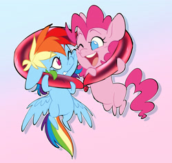 Size: 4615x4378 | Tagged: safe, artist:chub-wub, imported from derpibooru, pinkie pie, rainbow dash, pony, balloon, blue coat, blue eyes, blushing, cheek squish, chibi, colored, colored eyebrows, curly mane, curly tail, duo, duo female, eyelashes, female, gradient background, lesbian, long mane, long tail, looking at each other, looking at someone, mare, multicolored hair, one eye closed, open mouth, open smile, outline, pink coat, pink eyes, pink hair, pink mane, pink tail, pinkiedash, rainbow hair, rainbow tail, requested art, shadow, shipping, smiling, smiling at each other, squishy cheeks, tail, teeth, tongue out, wings, wings down