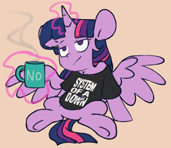 Size: 3707x3209 | Tagged: safe, artist:chub-wub, imported from derpibooru, twilight sparkle, alicorn, pony, clothes, female, glowing, glowing horn, horn, levitation, magic, magic aura, mare, mug, no, shirt, sitting, solo, spread wings, system of a down, t-shirt, telekinesis, twilight sparkle (alicorn), twilight sparkle is not amused, unamused, wings