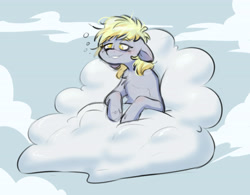 Size: 4422x3457 | Tagged: safe, artist:chub-wub, imported from derpibooru, derpy hooves, pegasus, pony, cloud, cute, derpabetes, female, grin, mare, messy mane, morning ponies, outdoors, sky, smiling, solo, tired