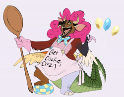 Size: 5976x4681 | Tagged: safe, artist:chub-wub, imported from derpibooru, part of a set, pinkie pie, draconequus, apron, ball, balloon, big ears, blue eyes, bowtie, claws, clothes, colored, colored ear fluff, colored pinnae, colored sclera, curly hair, draconequified, ear fluff, ear tufts, eyelashes, female, flat colors, floppy ears, holding, horns, mismatched legs, mismatched wings, open mouth, open smile, oven mitts, pink hair, pinkonequus, raised arms, sharp teeth, smiling, solo, species swap, spoon, spread wings, standing, teeth, tongue out, wings, wings down, wooden spoon, xk-class end-of-the-world scenario, yellow sclera