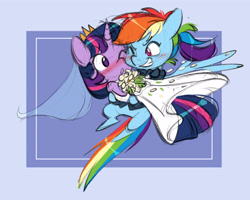 Size: 4809x3841 | Tagged: safe, artist:chub-wub, imported from derpibooru, rainbow dash, twilight sparkle, alicorn, pegasus, pony, alternate hairstyle, blushing, bowtie, bridal carry, carrying, clothes, coat, crown, cute, dashabetes, dress, duo, duo female, eye contact, female, flower, grin, horn, jewelry, lesbian, lesbian wedding, looking at each other, looking at someone, mare, marriage, one eye closed, ponytail, regalia, ring, shipping, smiling, tuxedo, twiabetes, twidash, twilight sparkle (alicorn), veil, wedding, wedding dress, wedding ring, wedding suit, wedding veil, wings, wink