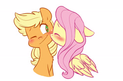 Size: 2273x1495 | Tagged: safe, artist:chub-wub, imported from derpibooru, applejack, fluttershy, earth pony, pegasus, pony, appleshy, blushing, cheek kiss, cute, duo, duo female, eyes closed, female, floppy ears, folded wings, freckles, jackabetes, kissing, lesbian, mare, one eye closed, shipping, shyabetes, simple background, white background, wings, wink