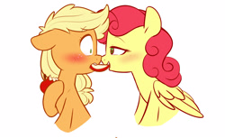 Size: 2273x1395 | Tagged: safe, artist:chub-wub, imported from derpibooru, applejack, strawberry sunrise, earth pony, pegasus, pony, apple, apple slice, applerise, bedroom eyes, blushing, boop, cute, duo, duo female, eye contact, female, flustered, folded wings, food, freckles, jackabetes, lesbian, looking at each other, looking at someone, mare, noseboop, pinpoint eyes, sharing food, shipping, simple background, strawwberry sunrise, white background, wings