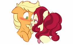 Size: 2273x1417 | Tagged: safe, artist:chub-wub, imported from derpibooru, applejack, cherry jubilee, earth pony, pony, bedroom eyes, blushing, boop, cherryjack, cute, duo, duo female, eye contact, eyeshadow, female, freckles, jackabetes, jubibetes, lesbian, looking at each other, looking at someone, makeup, mare, noseboop, shipping, simple background, smiling, white background