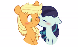 Size: 2273x1442 | Tagged: safe, artist:chub-wub, imported from derpibooru, applejack, coloratura, earth pony, pony, blushing, cheek kiss, cute, duo, duo female, eyes closed, female, floppy ears, freckles, jackabetes, kissing, lesbian, mare, one eye closed, rara, rarabetes, rarajack, shipping, simple background, white background, wink