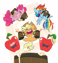 Size: 3930x4237 | Tagged: safe, artist:chub-wub, imported from derpibooru, applejack, pinkie pie, rainbow dash, earth pony, pegasus, pony, apple, applejack's hat, barrel, bowtie, chibi, cider, cider mug, cowboy hat, cute, dashabetes, diapinkes, drink, drinking, eyes closed, female, food, freckles, hat, jackabetes, mare, mug, open mouth, ponytober, simple background, trio, white background, wings