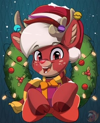 Size: 1625x2000 | Tagged: safe, artist:tomatopony, imported from derpibooru, deer, pony, reindeer, antlers, christmas, christmas lights, christmas wreath, clothes, cute, ear fluff, freckles, hat, holding, holiday, hooves, horn, looking at you, multicolored hair, muzzle, open mouth, present, santa hat, scarf, simple background, smiling, snow, wreath