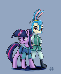 Size: 2406x2883 | Tagged: safe, artist:brella, imported from derpibooru, twilight sparkle, anthro, rabbit, unicorn, animal, crossover, duo, horn, simple background, unicorn twilight, 蓝兔, 虹猫蓝兔七侠传