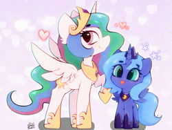 Size: 4000x3000 | Tagged: safe, artist:zokkili, imported from derpibooru, princess celestia, princess luna, alicorn, pony, :p, crown, duo, duo female, eyebrows, eyebrows visible through hair, female, heart, high res, hoof shoes, horn, jewelry, mare, peytral, princess shoes, profile, raised hoof, regalia, royal sisters, siblings, side view, signature, sisters, smiling, spread wings, tongue out, wings