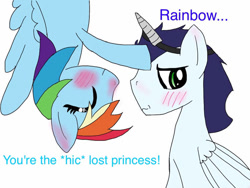 Size: 749x562 | Tagged: safe, artist:melovedogs123, imported from derpibooru, rainbow dash, soarin', pegasus, pony, drunk, drunker dash, fake alicorn, fake horn, female, male, mare, shipping, simple background, soarindash, stallion, straight, white background