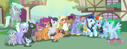 Size: 750x295 | Tagged: safe, artist:sealilyan, imported from derpibooru, bow hothoof, cloudchaser, mane allgood, rainbow dash, rumble, scootaloo, snap shutter, soarin', thunderlane, windy whistles, earth pony, pegasus, pony, the last problem, female, foal, male, mare, my little pony, offspring, older, older rainbow dash, older rumble, older scootaloo, older soarin', older soarindash, parent:cloudchaser, parent:rainbow dash, parent:rumble, parent:scootaloo, parent:soarin', parent:thunderlane, parents:rumbloo, parents:soarindash, parents:thunderchaser, rumbloo, shipping, soarindash, stallion, straight, thunderchaser