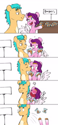 Size: 2222x4735 | Tagged: safe, artist:chub-wub, imported from derpibooru, hitch trailblazer, pipp petals, earth pony, pegasus, pony, adorapipp, adorkable, bag, bagel, blushing, blushing profusely, bread, cheek kiss, comic, cute, dork, duo, duo male and female, eyes closed, faint, female, flustered, food, g5, high res, hitchbetes, kissing, male, mare, markings, my little pony: a new generation, no eyes, open mouth, open smile, pitch, question mark, shipping, smiling, smooth, spread wings, stallion, store, straight, surprise kiss, unshorn fetlocks, volumetric mouth, wingboner, wings