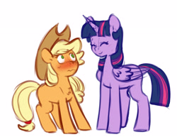 Size: 5256x4052 | Tagged: safe, artist:chub-wub, imported from derpibooru, applejack, twilight sparkle, alicorn, earth pony, pony, applejack's hat, blushing, cowboy hat, duo, duo female, eyes closed, female, folded wings, hat, height difference, horn, lesbian, mare, missing cutie mark, shipping, simple background, size difference, smiling, twijack, twilight sparkle (alicorn), white background, wings