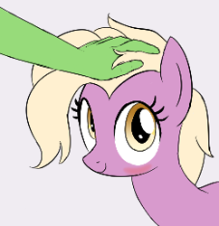 Size: 250x258 | Tagged: safe, artist:truthormare, grace manewitz, oc, oc:anon, earth pony, human, pony, blushing, female, hand, human and pony, human on pony petting, looking at you, mare, missing accessory, petting, simple background, smiling