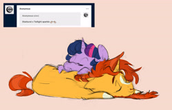 Size: 5343x3419 | Tagged: safe, artist:chub-wub, imported from derpibooru, sunburst, twilight sparkle, alicorn, pony, unicorn, ask, beard, blushing, chibi, cuddling, cute, duo, duo male and female, eyes closed, facial hair, female, horn, lying down, male, mare, markings, prone, shipping, sleeping, stallion, straight, sunbetes, tumblr, twiabetes, twiburst, twilight sparkle (alicorn)