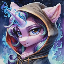 Size: 1024x1024 | Tagged: safe, imported from derpibooru, starlight glimmer, pony, ai content, ai generated, bust, clothes, female, glowing, glowing horn, hood, hoodie, horn, mare, portrait, prompter:ilham470, solo