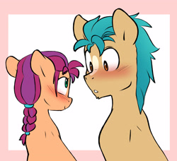 Size: 3387x3087 | Tagged: safe, artist:chub-wub, imported from derpibooru, hitch trailblazer, starblazer, sunny starscout, earth pony, pony, blushing, braid, duo, duo male and female, female, g5, looking at each other, looking at someone, male, mare, my little pony: a new generation, shipping, simple background, smiling, stallion, stare, straight