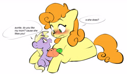 Size: 5156x3059 | Tagged: safe, artist:chub-wub, imported from derpibooru, carrot top, dinky hooves, golden harvest, earth pony, pony, unicorn, blank flank, blushing, carrot, cute, dialogue, duo, female, filly, flustered, foal, food, horn, implied derpy, implied derpytop, implied lesbian, implied shipping, lying down, mare, open mouth, plushie, prone, simple background, sitting, speech bubble, white background