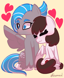 Size: 696x840 | Tagged: safe, artist:kharmacal, imported from derpibooru, oc, oc only, oc:chocolate heart, oc:cloudy kisses, pegasus, pony, :3, :<, colored lineart, duo, female, heart, lesbian, shading, two toned hair, unshorn fetlocks, younger