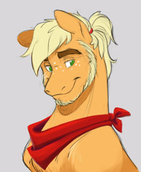 Size: 3007x3661 | Tagged: safe, artist:chub-wub, imported from derpibooru, applejack, earth pony, pony, alternate hairstyle, applejack (male), bandana, beard, blue background, facial hair, freckles, male, ponytail, rule 63, simple background, solo, stallion