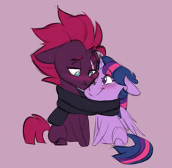 Size: 3743x3649 | Tagged: safe, artist:chub-wub, imported from derpibooru, tempest shadow, twilight sparkle, alicorn, pony, unicorn, blushing, broken horn, chibi, clothes, cute, duo, duo female, eye scar, facial scar, female, floppy ears, horn, lesbian, mare, nuzzling, one eye closed, partially open wings, purple background, scar, scarf, shared clothing, shared scarf, shipping, simple background, sitting, smiling, tempestbetes, tempestlight, twiabetes, twilight sparkle (alicorn), wings, wink