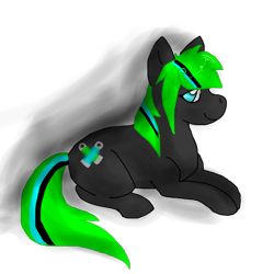 Size: 1000x1000 | Tagged: safe, artist:softfur, imported from derpibooru, oc, oc only, oc:tekkno, earth pony, pony, black coat, earth pony oc, green mane, green tail, multicolored mane, multicolored tail, side view, simple background, solo, tail, transparent background