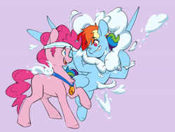 Size: 4200x3167 | Tagged: safe, artist:chub-wub, imported from derpibooru, pinkie pie, rainbow dash, earth pony, pegasus, pony, alternate hairstyle, cloud, duo, duo female, eyebrows, eyebrows visible through hair, female, flying, grin, headband, heart, lesbian, looking at each other, looking at someone, mare, medal, missing cutie mark, one eye closed, open mouth, open smile, personality swap, pinkiedash, purple background, raised hoof, role reversal, shipping, simple background, smiling, spread wings, wings, wink