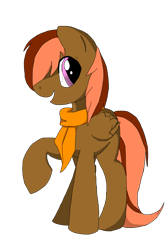 Size: 997x1484 | Tagged: safe, artist:softfur, imported from derpibooru, oc, oc only, pegasus, pony, brown coat, clothes, full body, open mouth, open smile, pegasus oc, pink eyes, pink mane, raised hoof, scarf, simple background, smiling, solo, transparent background, wings