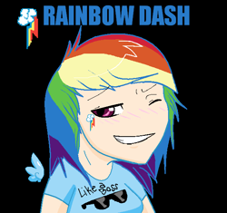 Size: 597x560 | Tagged: safe, artist:softfur, imported from derpibooru, rainbow dash, human, alternative cutie mark placement, black background, breasts, clothes, facial cutie mark, female, floating wings, grin, humanized, like a boss, multicolored hair, name, one eye closed, rainbow hair, shirt, simple background, smiling, solo, teeth, text on clothing, text on shirt, wings