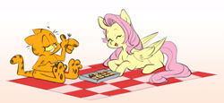 Size: 5373x2479 | Tagged: safe, artist:chub-wub, imported from derpibooru, fluttershy, cat, pegasus, pony, crossover, cute, duo, eating, eyes closed, female, folded wings, food, fork, garfield, garfield (character), grin, lasagna, lying down, male, mare, missing cutie mark, open mouth, open smile, pasta, picnic, picnic blanket, prone, shyabetes, simple background, smiling, white background, wings