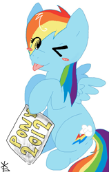 Size: 813x1283 | Tagged: safe, artist:softfur, imported from derpibooru, rainbow dash, pegasus, pony, 2012, ;p, blush sticker, blushing, cute, dashabetes, eye clipping through hair, one eye closed, simple background, smiling, solo, tongue out, white background, wink