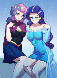 Size: 2950x4000 | Tagged: safe, artist:tzc, imported from derpibooru, rarity, sweetie belle, human, anna, blushing, breasts, busty rarity, busty sweetie belle, cleavage, clothes, cosplay, costume, duo, elsa, eyeshadow, female, frozen (movie), humanized, looking at you, makeup, midriff, older, older sweetie belle, siblings, sisters, sitting, smiling, smiling at you